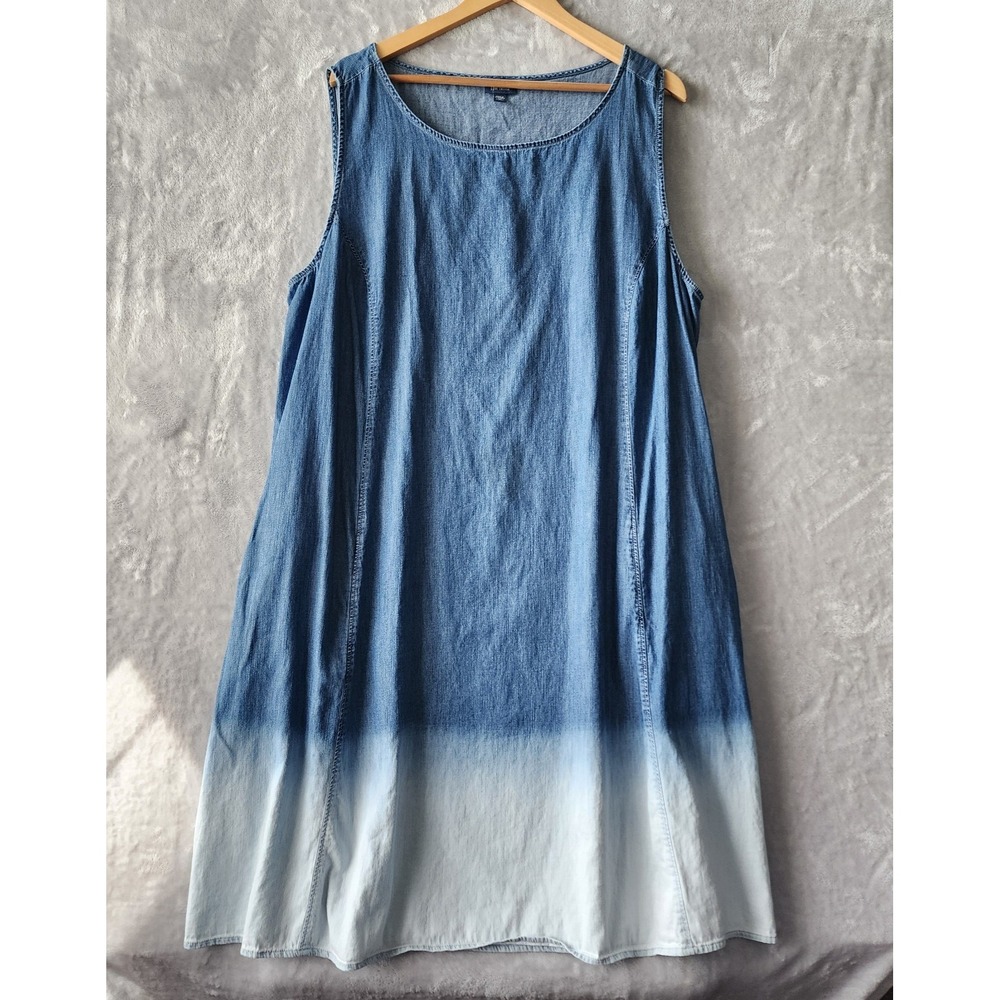 J. Jill Denim Dress Womens Size 3X Blue Ombre Wash Dip Dye Pockets Sleeveless